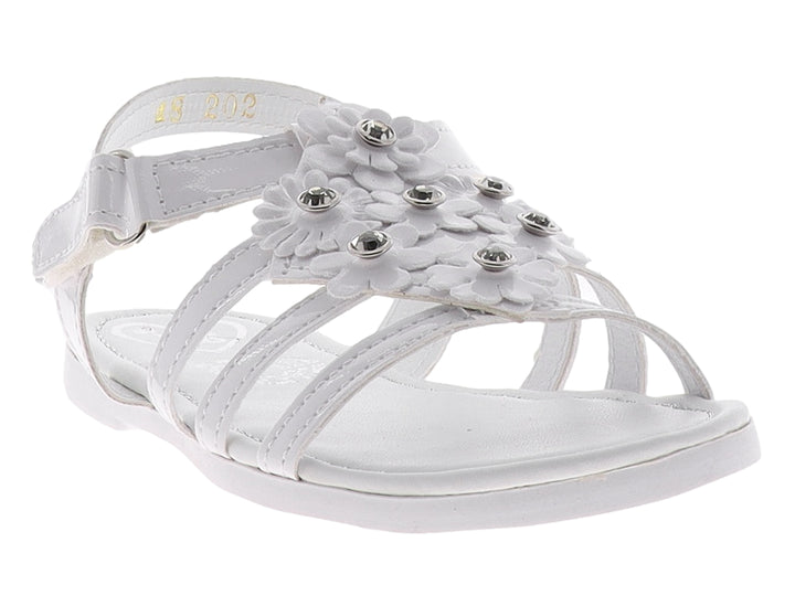 Sandalias blancas para niña con decoraciones florales y detalles brillantes en la parte superior.