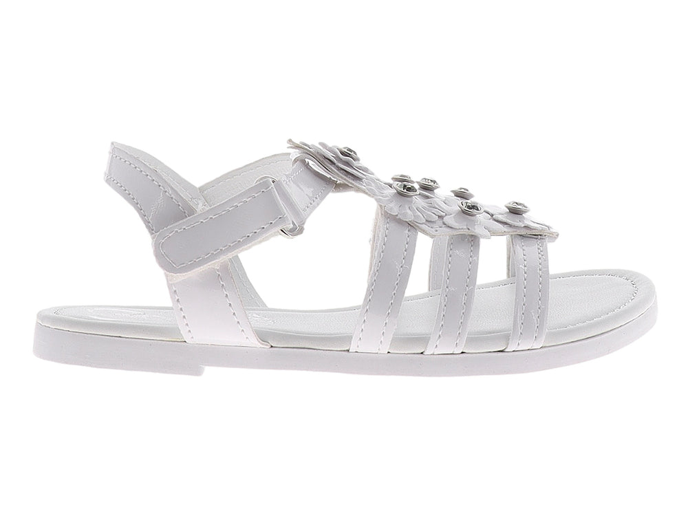 Sandalias blancas para niña con decoraciones florales y detalles brillantes en la parte superior.