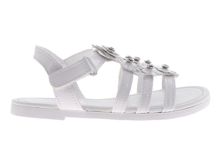 Sandalias blancas para niña con decoraciones florales y detalles brillantes en la parte superior.