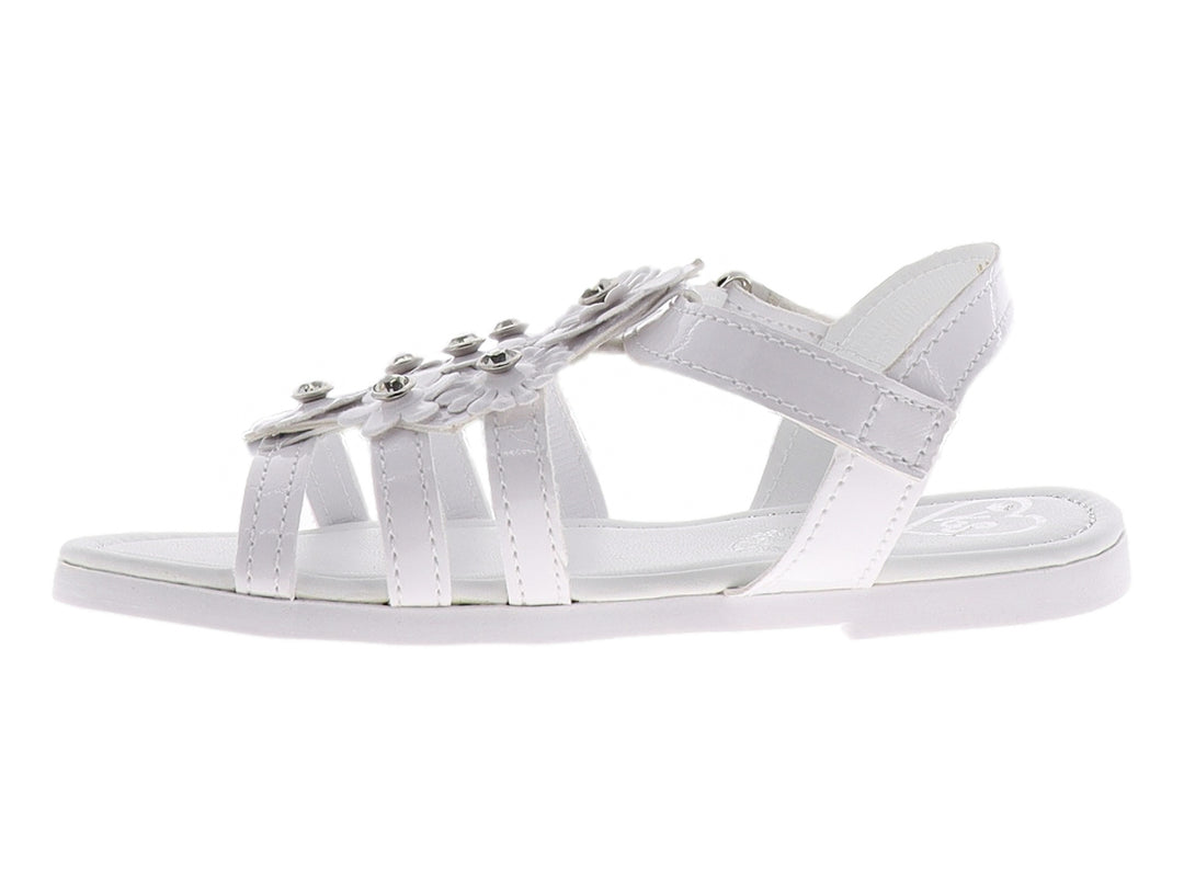 Sandalias blancas para niña con decoraciones florales y detalles brillantes en la parte superior.