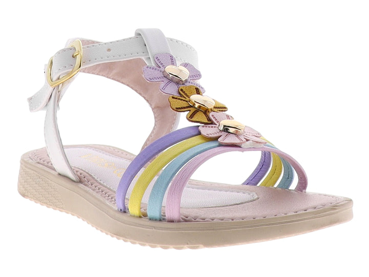 Sandalia blanca para niña con tiras multicolores y aplicaciones de flores decorativas.