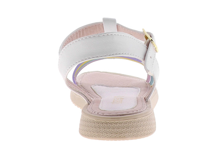 Sandalia blanca para niña con tiras multicolores y aplicaciones de flores decorativas.