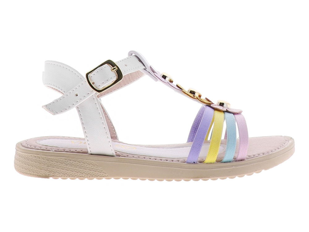 Sandalia para niña en color blanco y multicolor con adornos de flores en la parte superior y correa ajustable.