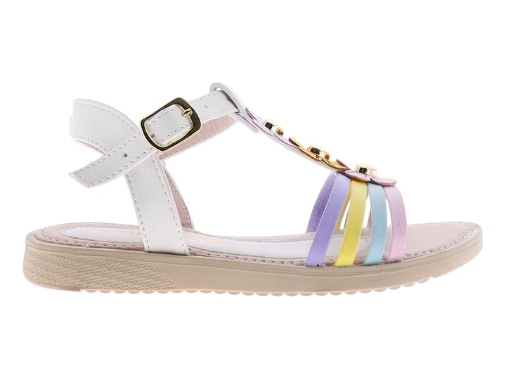Sandalia para niña en color blanco y multicolor con adornos de flores en la parte superior y correa ajustable.