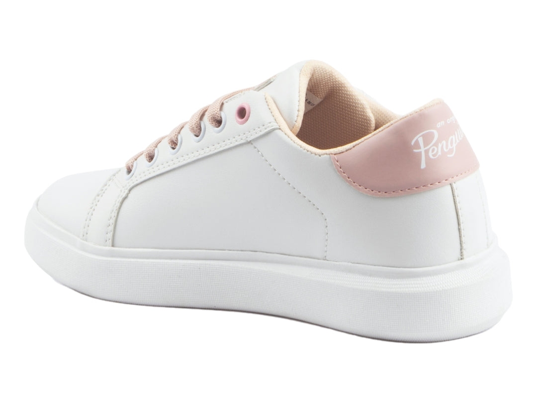 Tenis blancos con detalles y cordones en color rosa de la marca Penguin.