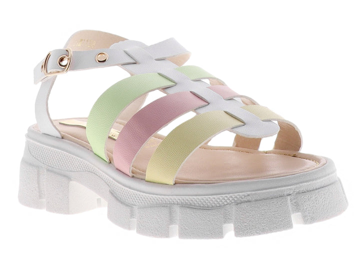 Sandalia blanca de plataforma con correas entrelazadas en colores pastel verde, rosa y amarillo.
