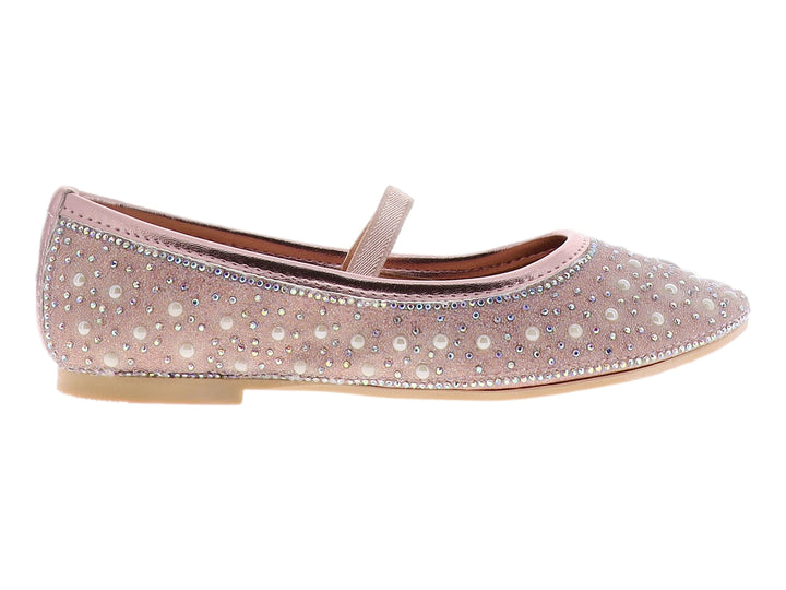 Zapato plano tipo bailarina color oro rosado con decoraciones de brillantes y acabado brillante.