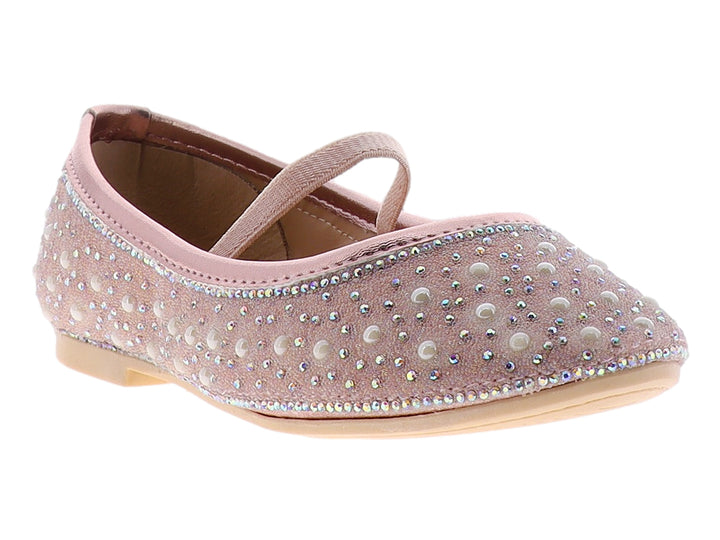 Zapato plano para niña en color oro rosado con decoraciones de brillantes y correa superior.