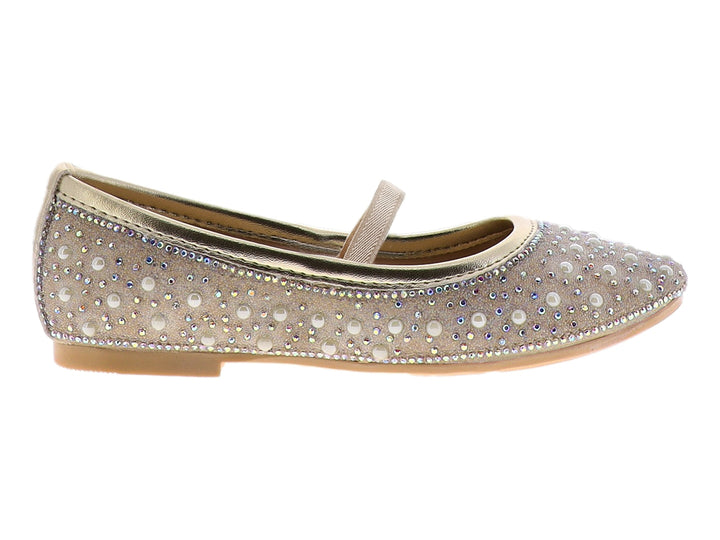 Zapato plano color oro inglés con detalles de pedrería brillante para niña.