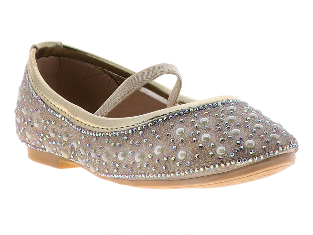 Zapato plano color oro inglés con detalles de pedrería brillante para niña.