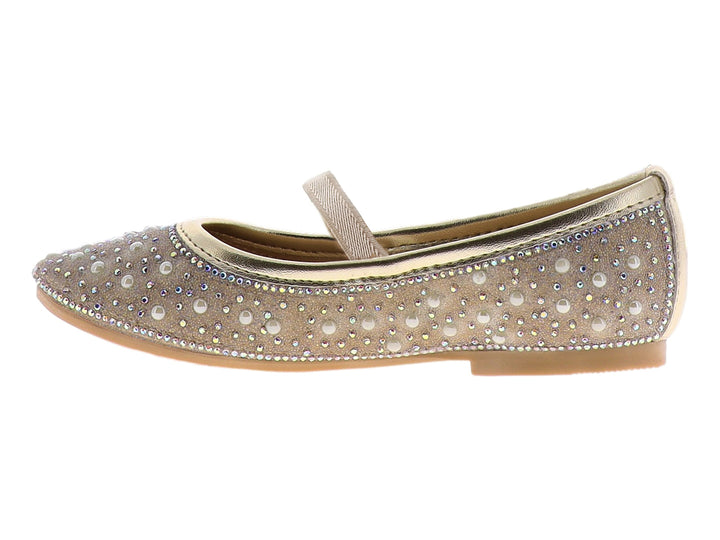 Zapato plano color oro inglés con detalles de pedrería brillante para niña.