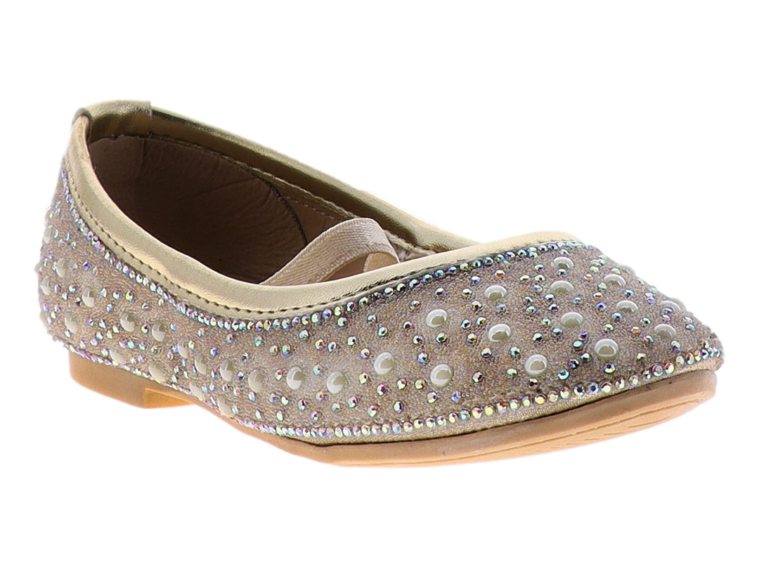 Zapato plano color oro con incrustaciones de cristales brillantes para niña.