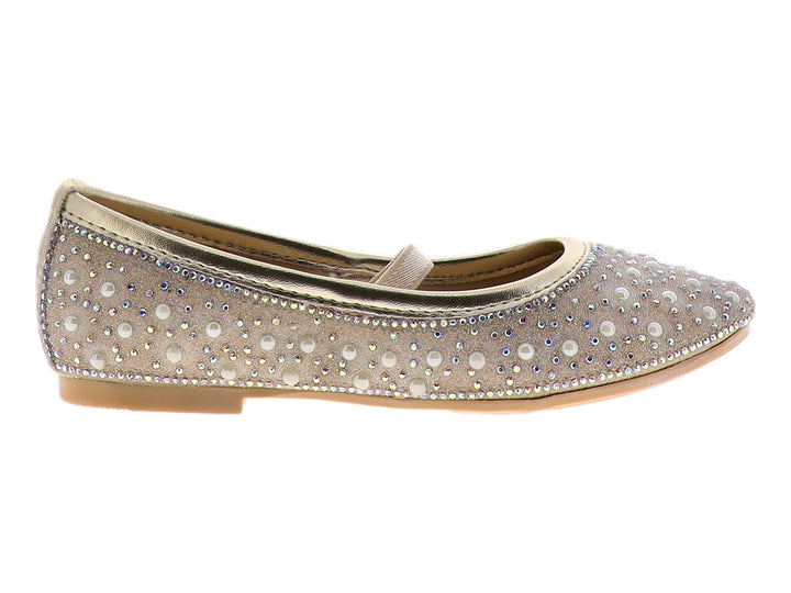 Zapato plano color oro con incrustaciones de cristales brillantes para niña.