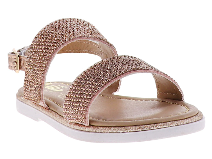 Sandalias para niña color oro rosado con tiras brillantes y suela blanca.