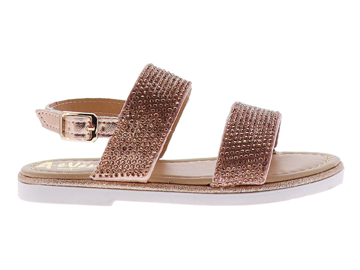 Sandalias para niña color oro rosado con tiras brillantes y suela blanca.