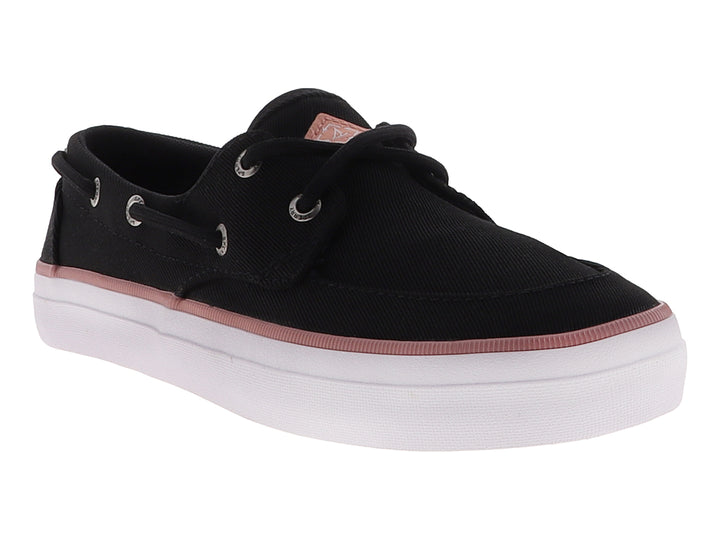 Zapato náutico Sperry de tela negra con franja rosa y suela blanca.