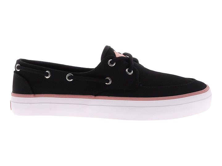 Zapato náutico Sperry de tela negra con franja rosa y suela blanca.