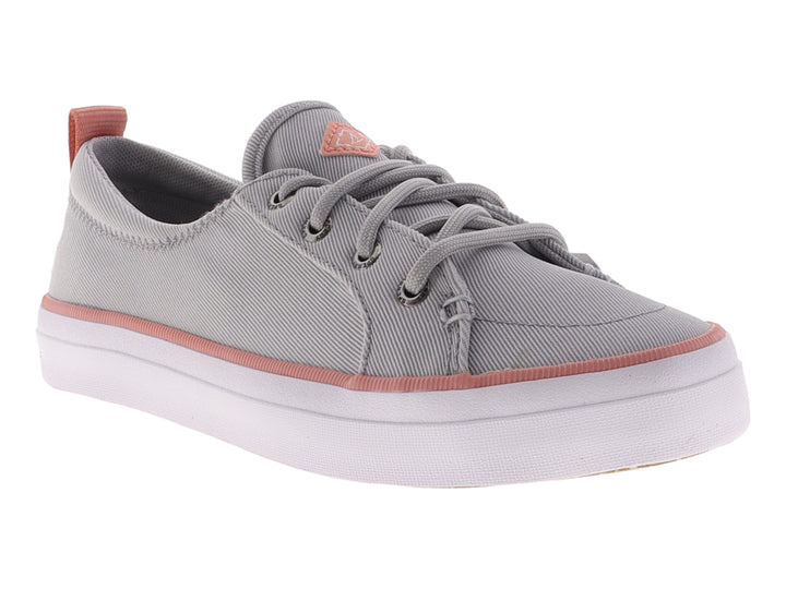 Tenis SPERRY de tela gris con detalles en rosa y suela blanca.