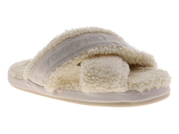 Pantufla amarilla de Tommy Hilfiger con textura de peluche y banda superior con logotipo.