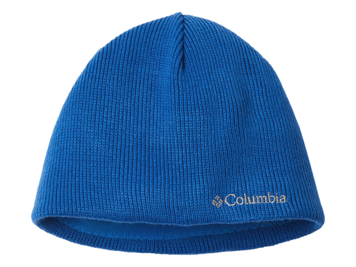 Gorro de tejido acanalado color azul brillante con logotipo de Columbia bordado en la parte frontal.