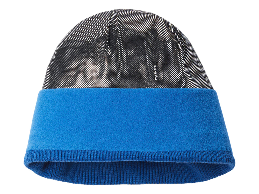 Gorro de tejido acanalado color azul brillante con logotipo de Columbia bordado en la parte frontal.