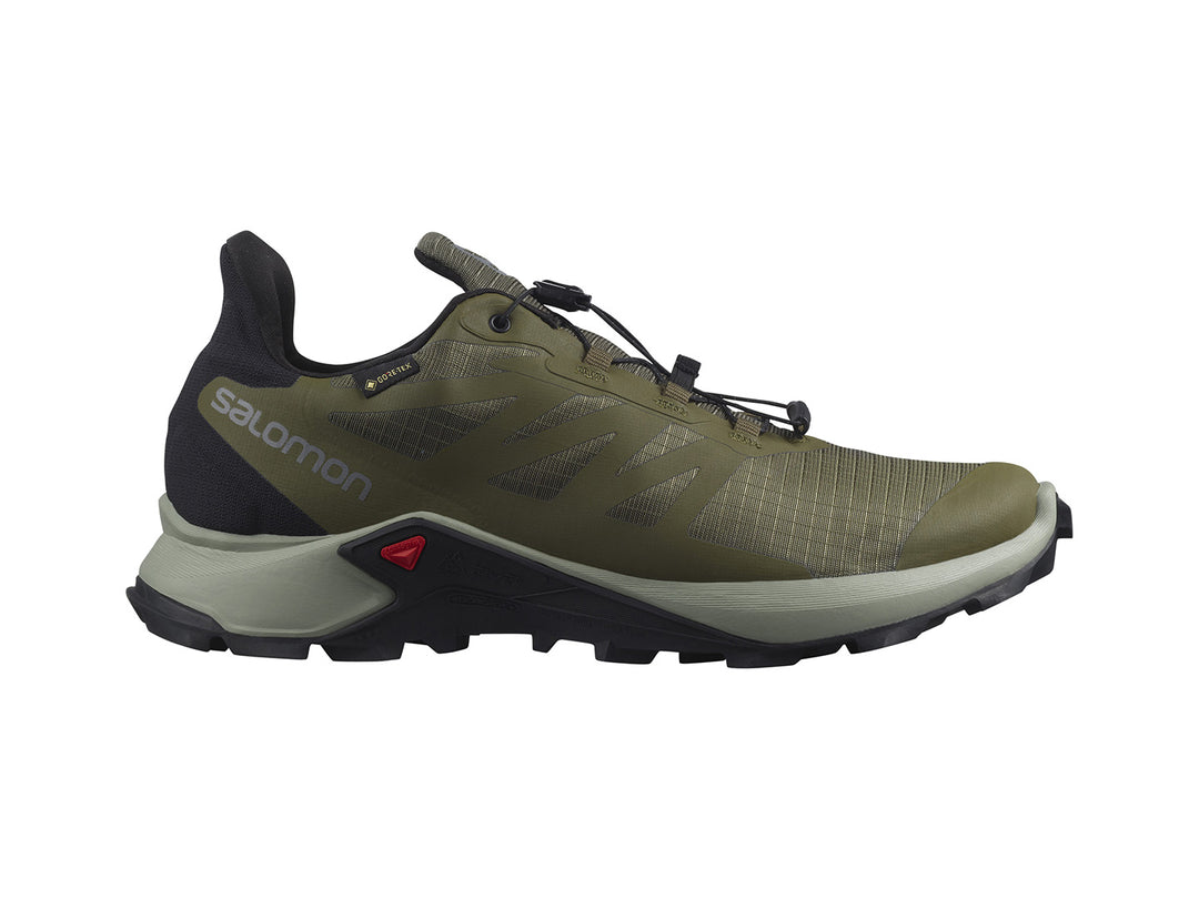 Tenis Salomon Supercross 3 GTX en color verde oliva con detalles en negro y suela todoterreno.
