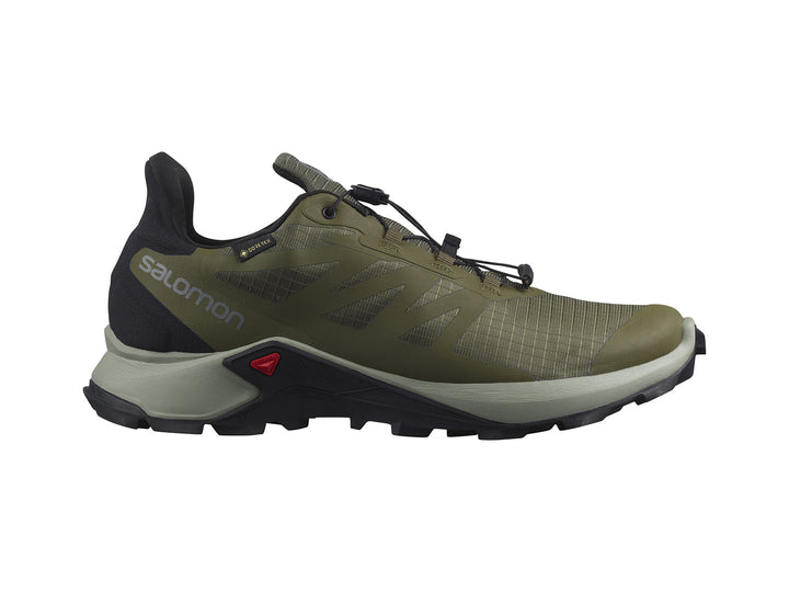 Tenis Salomon Supercross 3 GTX en color verde oliva con detalles en negro y suela todoterreno.