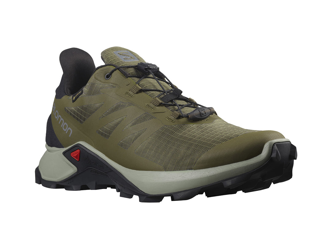Tenis Salomon Supercross 3 GTX en color verde oliva con detalles en negro y suela todoterreno.