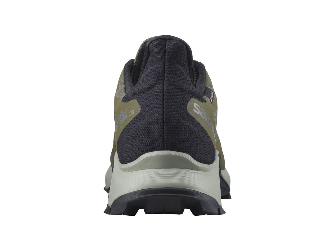 Tenis Salomon Supercross 3 GTX en color verde oliva con detalles en negro y suela todoterreno.