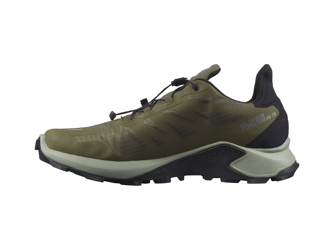 Tenis Salomon Supercross 3 GTX en color verde oliva con detalles en negro y suela todoterreno.