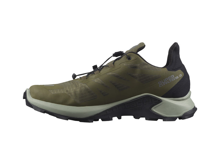 Tenis Salomon Supercross 3 GTX en color verde oliva con detalles en negro y suela todoterreno.