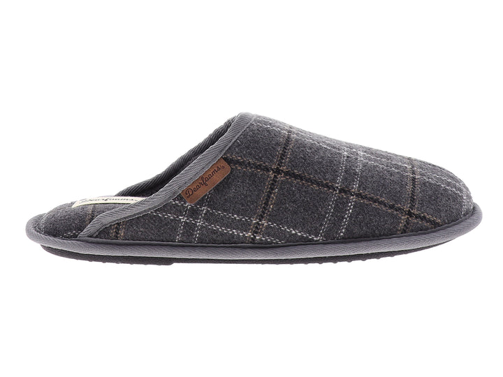 Pantufla gris con estampado de cuadros blancos y suela flexible para interiores.