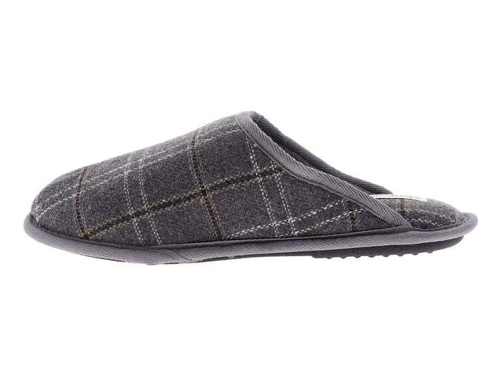 Pantufla gris con estampado de cuadros blancos y suela flexible para interiores.
