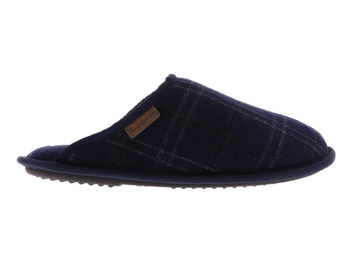 Pantufla cerrada de color azul marino con estampado de cuadros y textura suave.