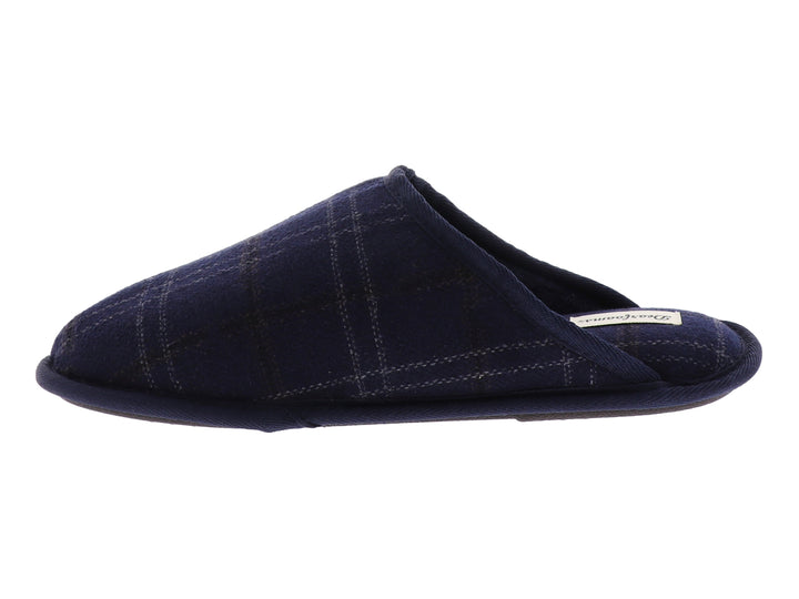 Pantufla cerrada de color azul marino con estampado de cuadros y textura suave.