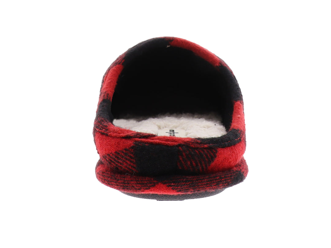 Pantufla cerrada con estampado de cuadros rojos y negros y texto blanco que dice PAPA.