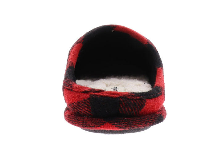 Pantufla cerrada con estampado de cuadros rojos y negros y texto blanco que dice PAPA.