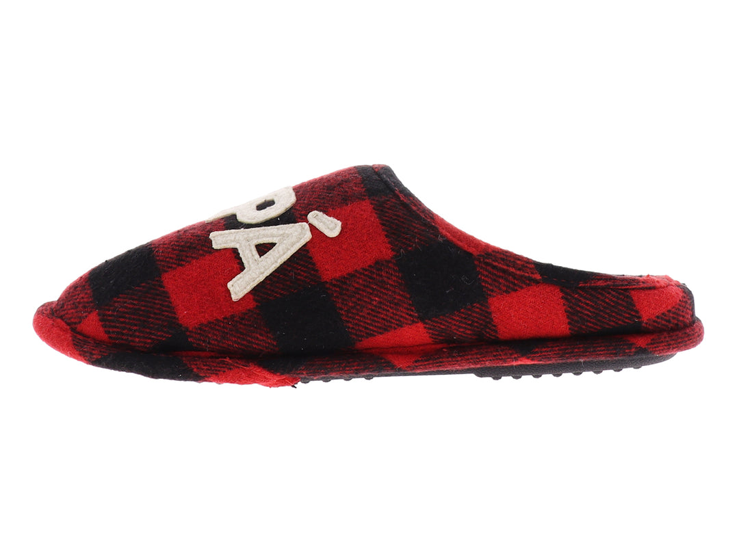 Pantufla cerrada con estampado de cuadros rojos y negros y texto blanco que dice PAPA.