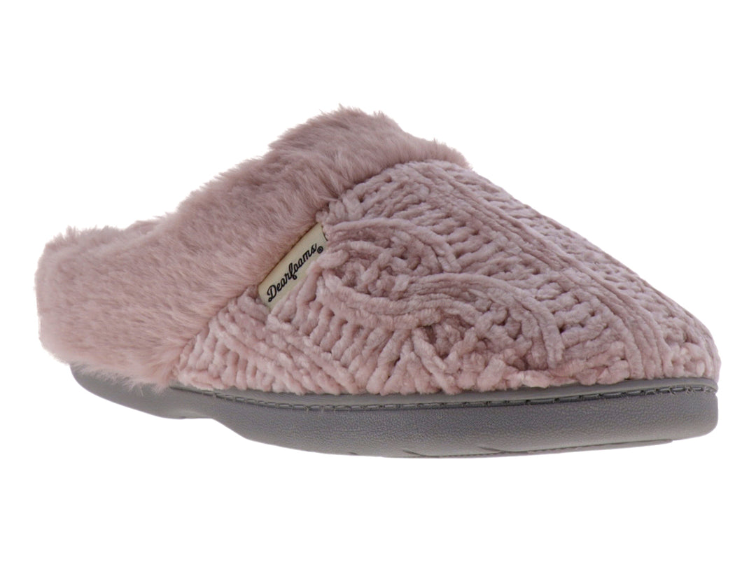Pantuflas Dearfoams color mauve con suela gris y textura suave.