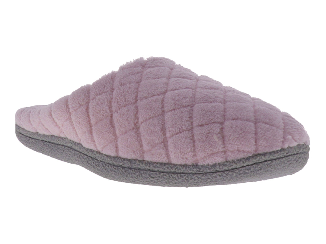 Pantufla rosa acolchada con suela gris.
