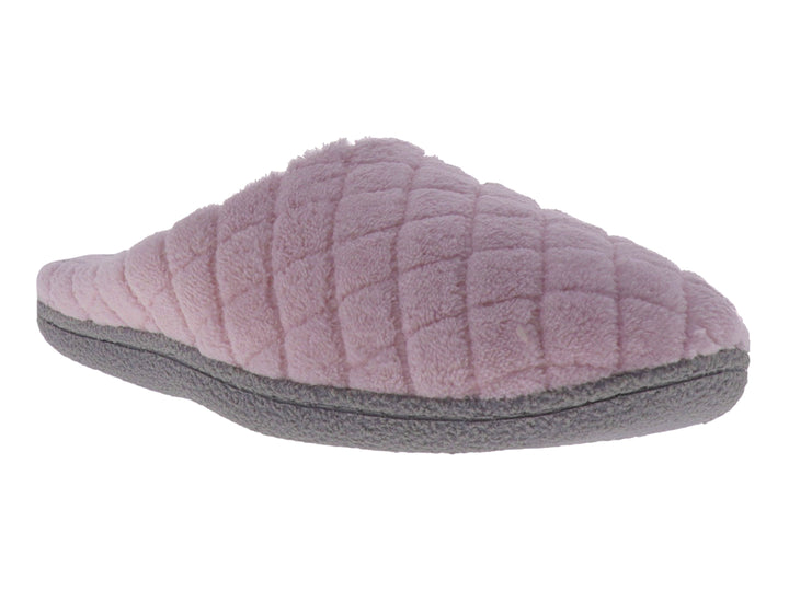 Pantufla rosa acolchada con suela gris.