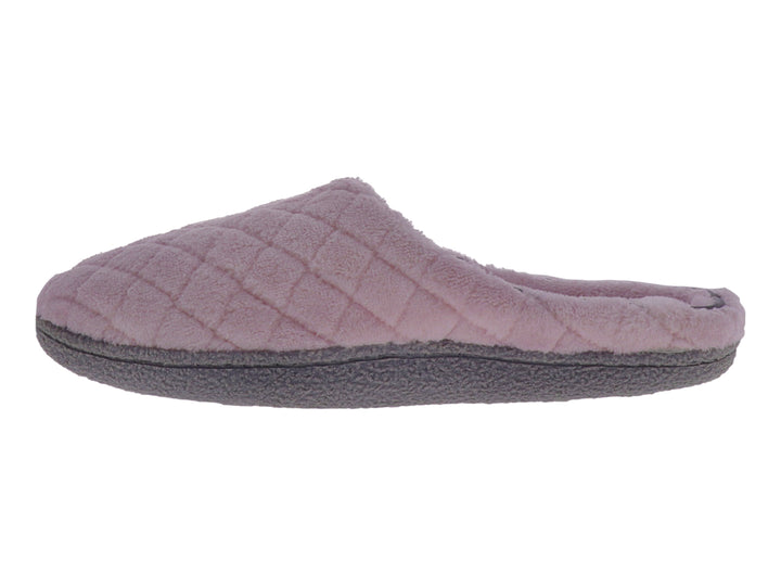 Pantufla rosa acolchada con suela gris.
