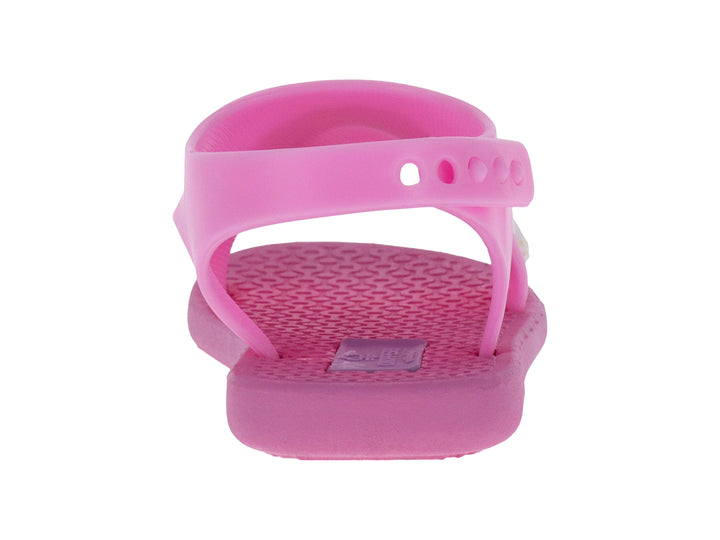 Sandalia infantil color rosa con detalle de arcoíris y nube blanca en la parte superior.