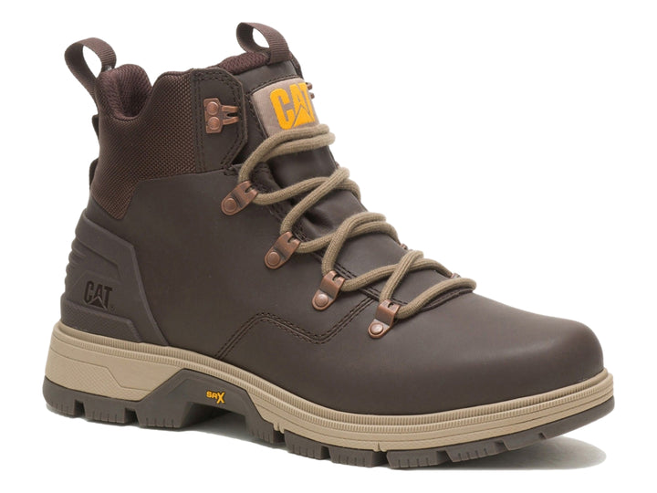Bota Caterpillar color marrón Demitasse con suela beige y cordones, diseño robusto para senderismo o trabajo.