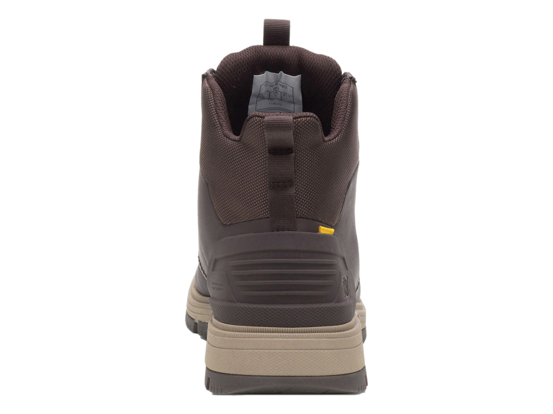 Bota Caterpillar color marrón Demitasse con suela beige y cordones, diseño robusto para senderismo o trabajo.