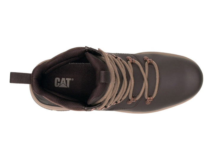 Bota Caterpillar color marrón Demitasse con suela beige y cordones, diseño robusto para senderismo o trabajo.
