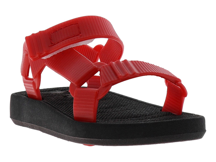 Sandalia infantil de color rojo y negro con correas ajustables y suela negra.
