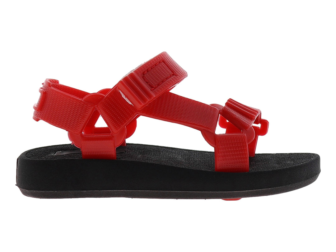 Sandalia infantil de color rojo y negro con correas ajustables y suela negra.