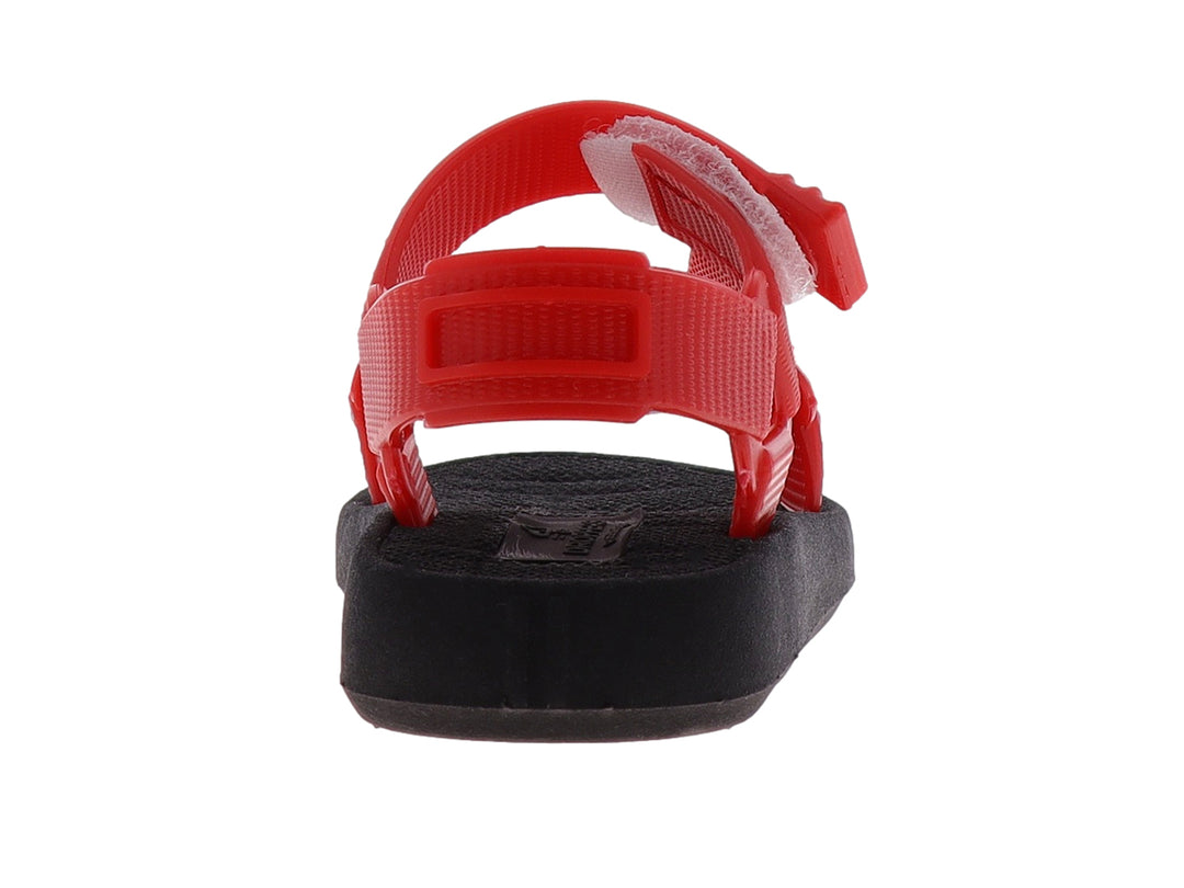 Sandalia infantil de color rojo y negro con correas ajustables y suela negra.