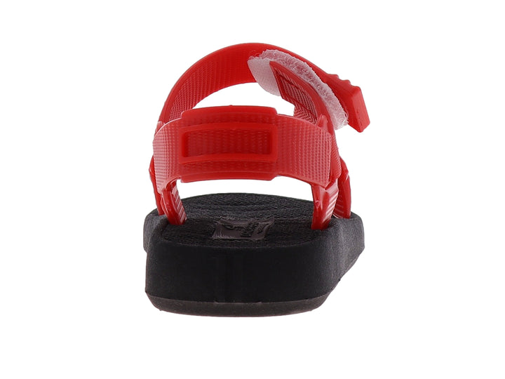 Sandalia infantil de color rojo y negro con correas ajustables y suela negra.